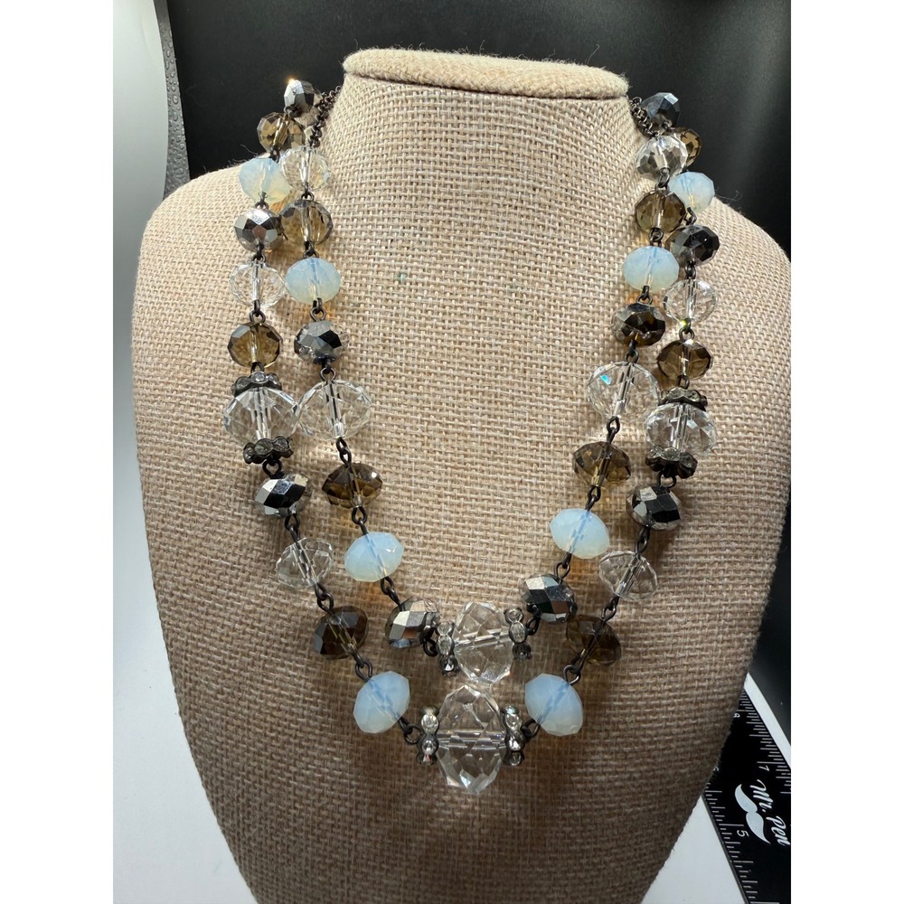 Crown Trifari Double Strand Beaded Necklace Gunmetal Smoky White Crystal 18"